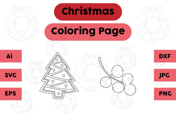 Christmas Coloring Page Tree Fruit Set for Creative Graphics